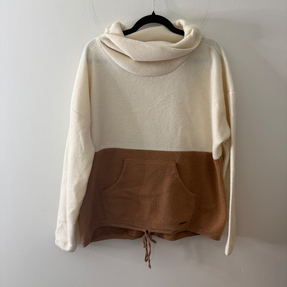 Carve Designs Cream Brown Colorblock Cowl Neck Fleece Pullover Large